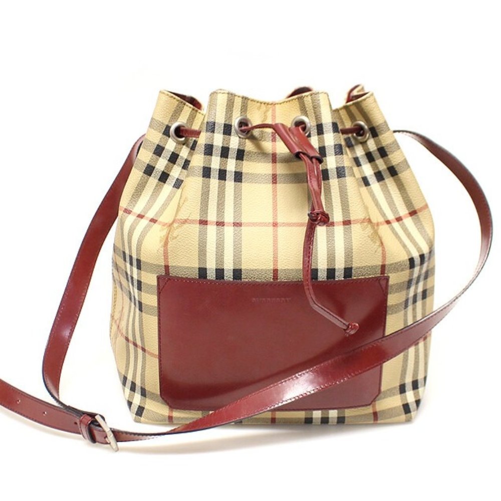 BURBERRY Haymarket Check Drawstring Bucket Shoulder Bag